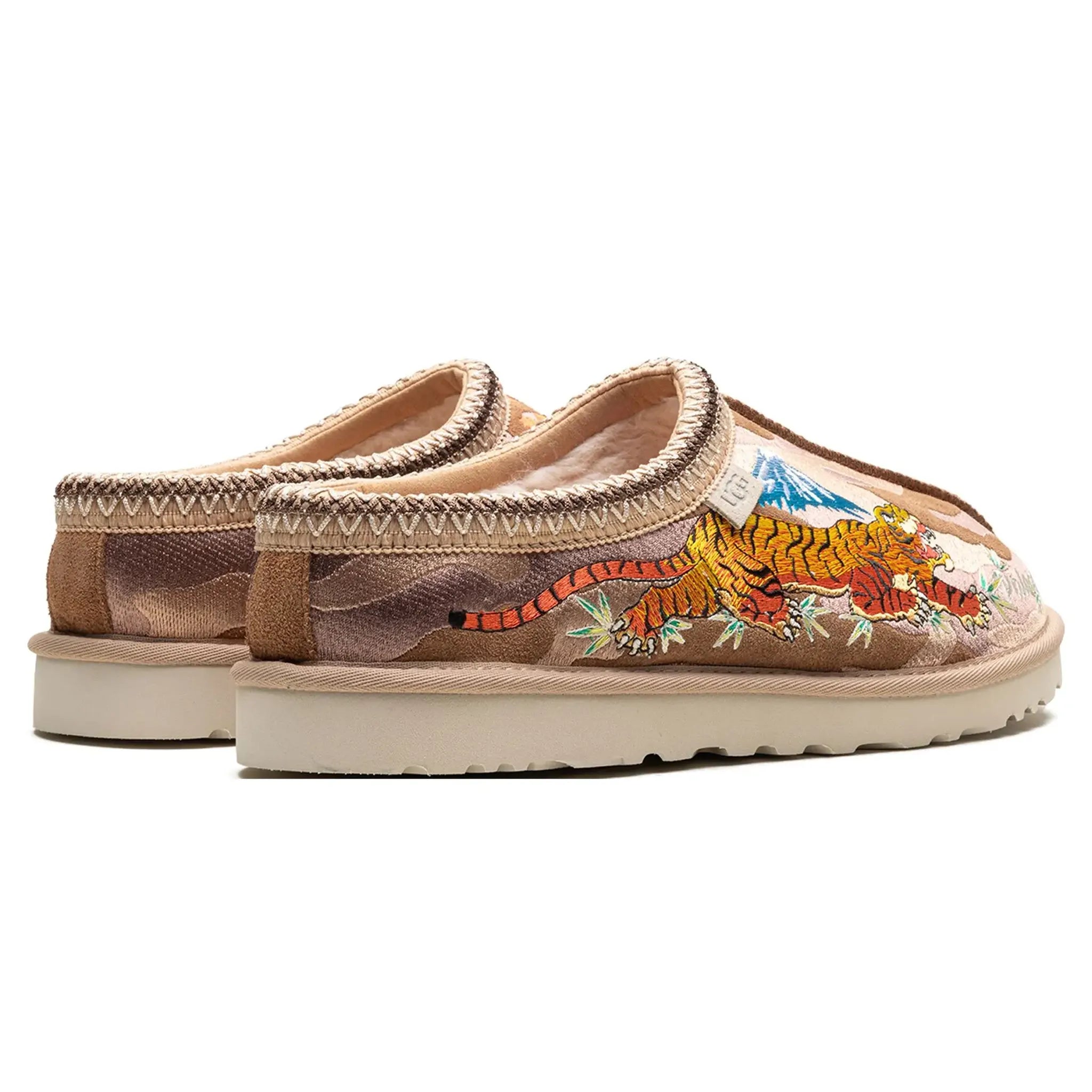 Heel view of Palace x UGG Tasman Chestnut Camo Slippers